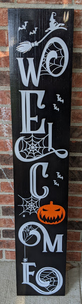 Carved Porch Sign - Welcome Spooky Pumpkin